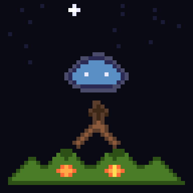 Rendered pixel art: moonlit campsite
