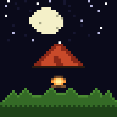Rendered pixel art: moonlit campsite v2